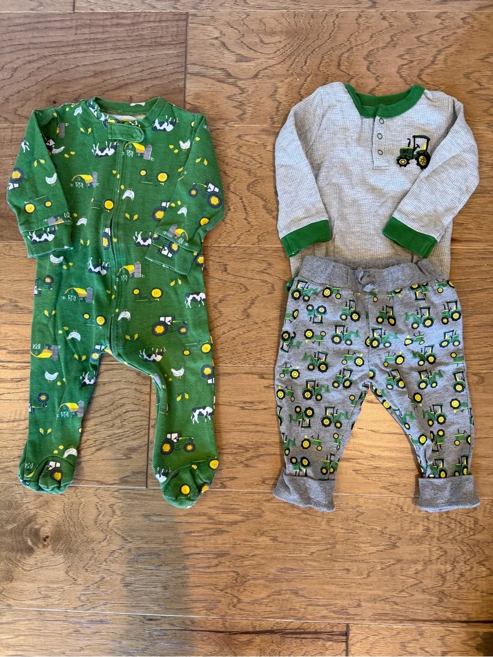 John Deere Green Tractor Print Baby Footed Sleeper & Gray Tractor Outfit Set